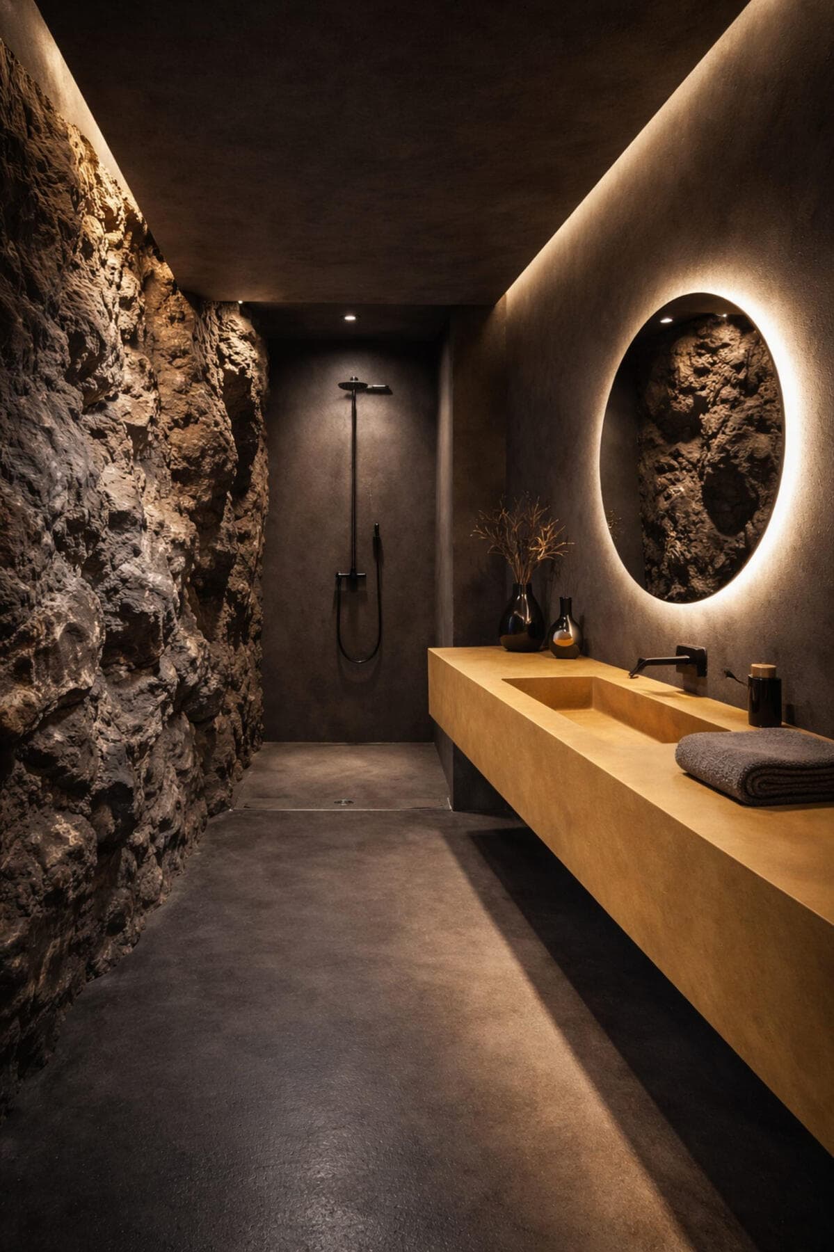 Interior wellness de ODISHOW con superficies oscuras continuas, lavabo integrado y luz cálida