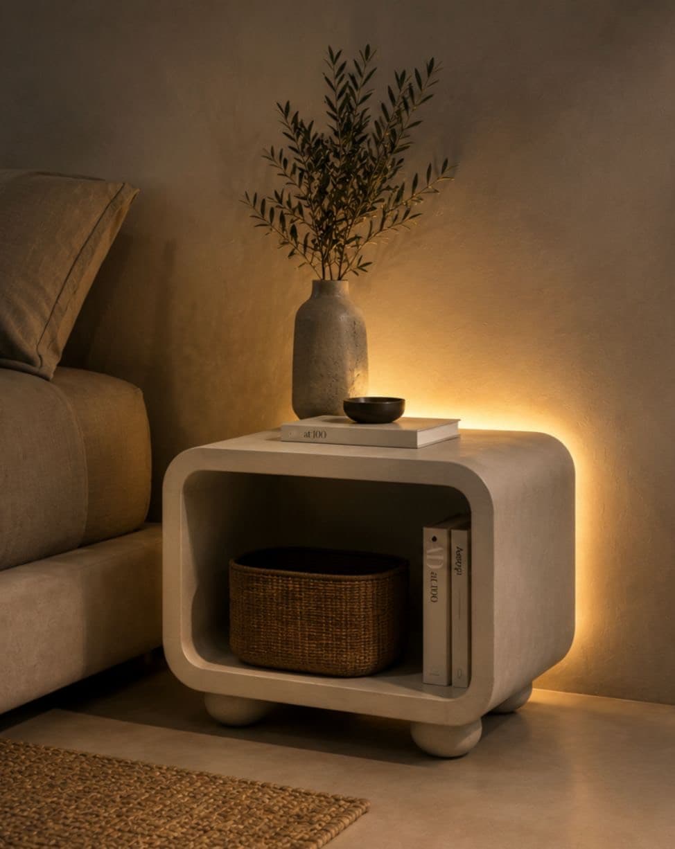 Rounded bespoke microcement furniture piece in a warm interior