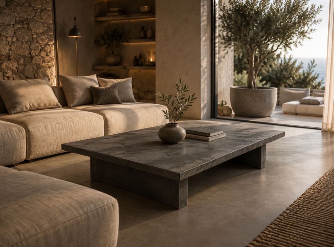 Salón costero con suelo continuo de microcemento y mesa escultórica