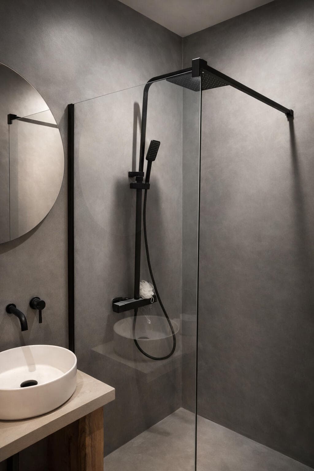 Baño de ODISHOW con superficies grises continuas, ducha abierta y grifería negra