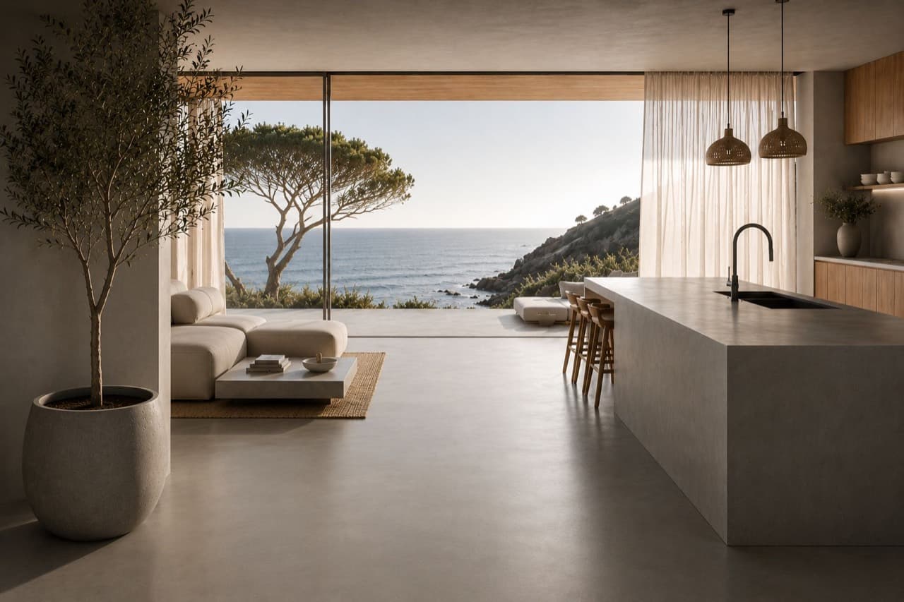 Open coastal kitchen with a large microcement island and continuous floor