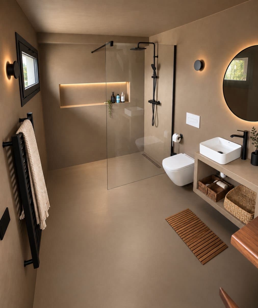 Baño contemporáneo cálido con paredes, suelo y ducha continuos de microcemento