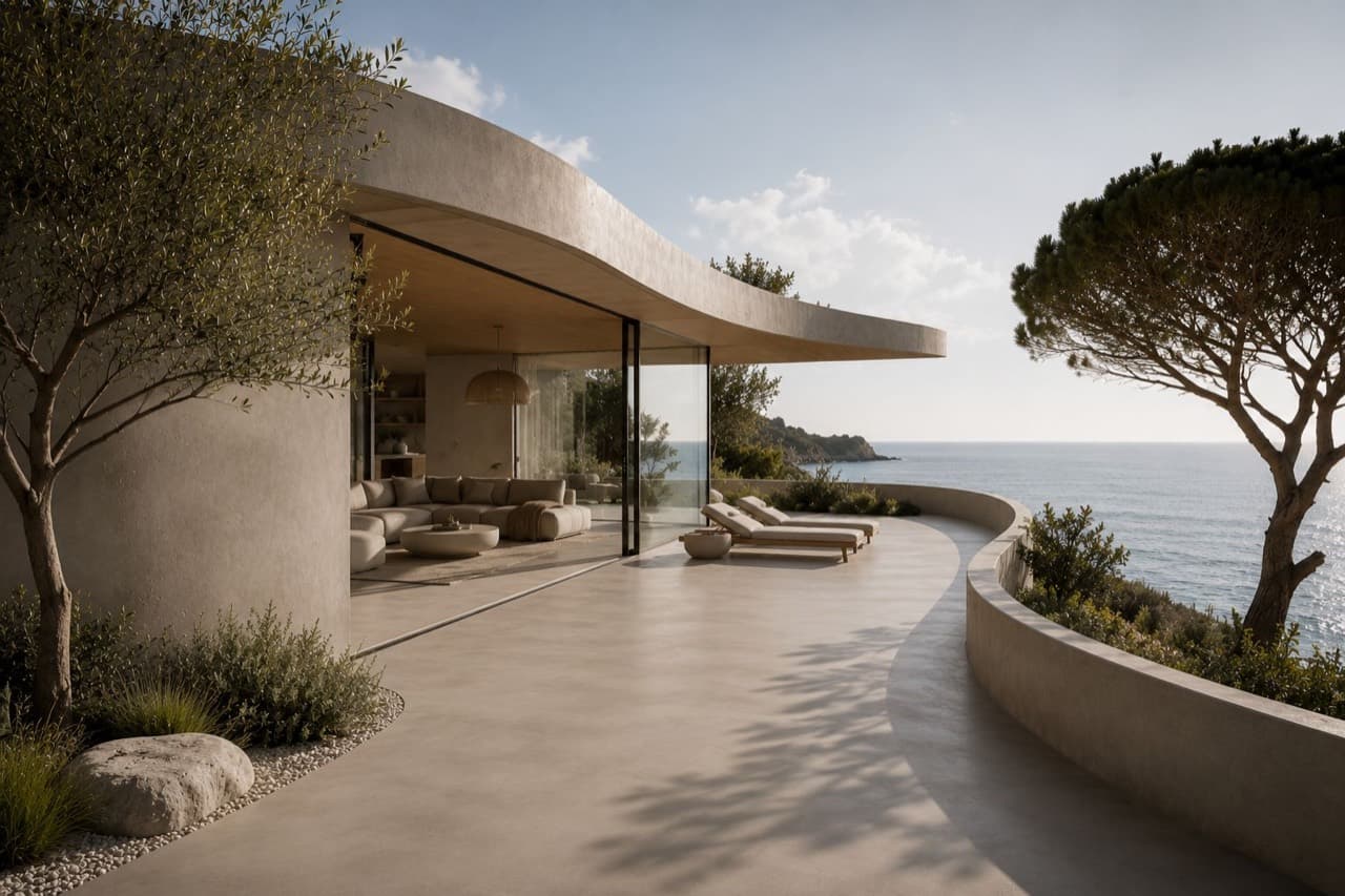 Arquitectura costera con superficies minerales continuas